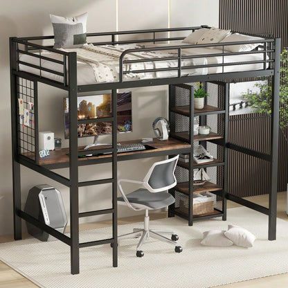 Hochbett, Eisenbett, Eisen + MDF, Mit Tisch und Regalschrank mit mehrfachen Ablageebenen, mit Metallgitter ausgestattet, stabile Geländer und Leiter, Schwarz + dunkle Holzfarbe, 90x200cm