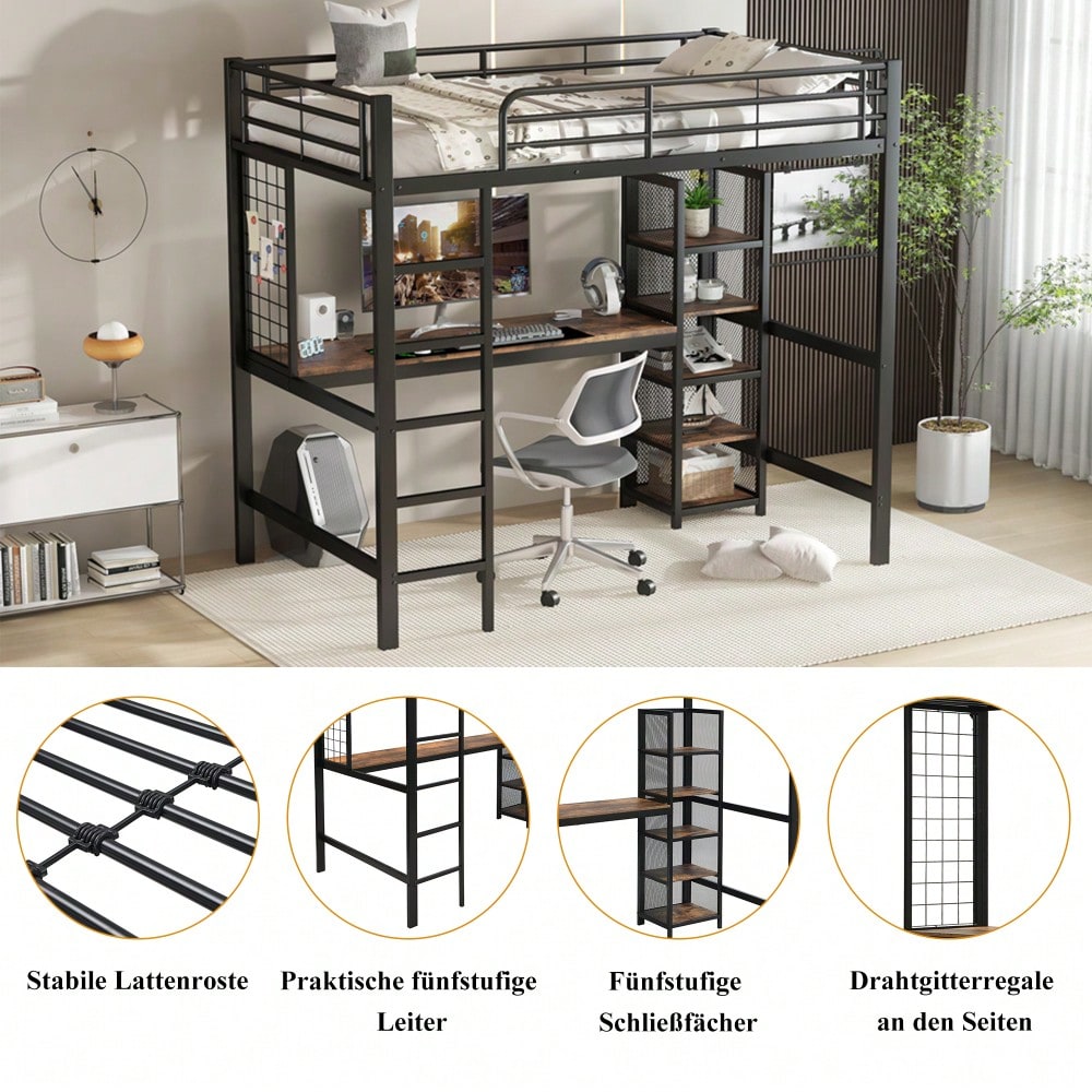Hochbett, Eisenbett, Eisen + MDF, Mit Tisch und Regalschrank mit mehrfachen Ablageebenen, mit Metallgitter ausgestattet, stabile Geländer und Leiter, Schwarz + dunkle Holzfarbe, 90x200cm