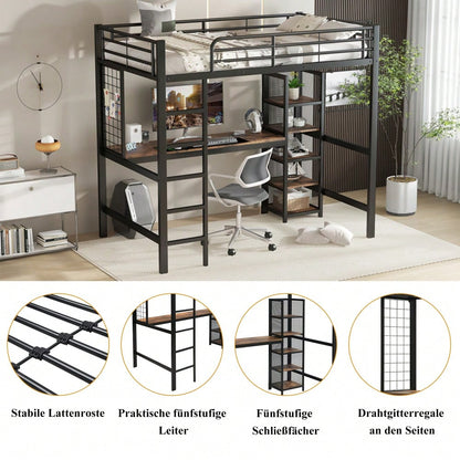 Hochbett, Eisenbett, Eisen + MDF, Mit Tisch und Regalschrank mit mehrfachen Ablageebenen, mit Metallgitter ausgestattet, stabile Geländer und Leiter, Schwarz + dunkle Holzfarbe, 90x200cm