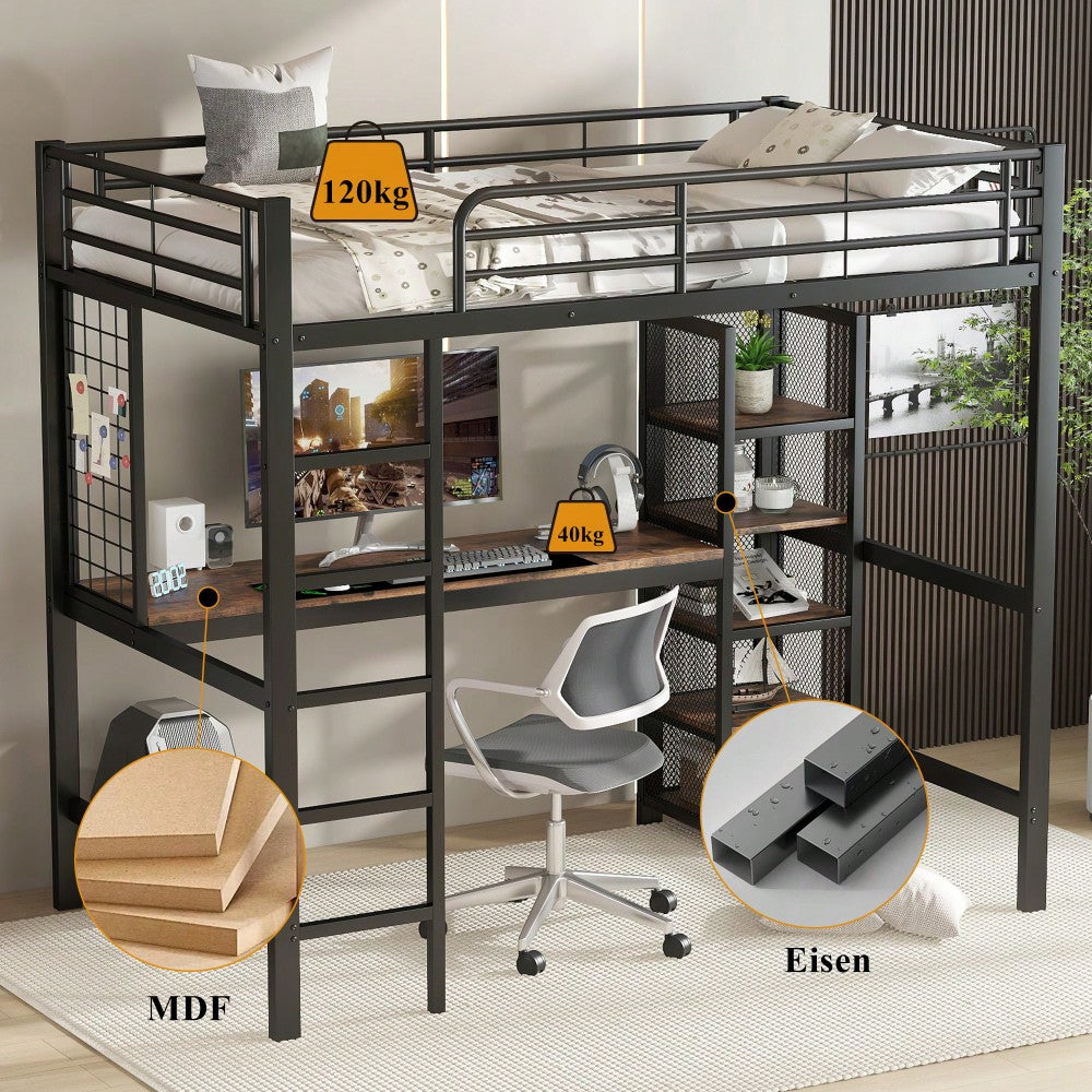 Hochbett, Eisenbett, Eisen + MDF, Mit Tisch und Regalschrank mit mehrfachen Ablageebenen, mit Metallgitter ausgestattet, stabile Geländer und Leiter, Schwarz + dunkle Holzfarbe, 90x200cm