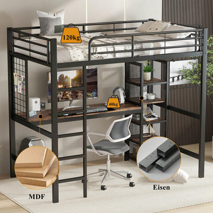 Hochbett, Eisenbett, Eisen + MDF, Mit Tisch und Regalschrank mit mehrfachen Ablageebenen, mit Metallgitter ausgestattet, stabile Geländer und Leiter, Schwarz + dunkle Holzfarbe, 90x200cm