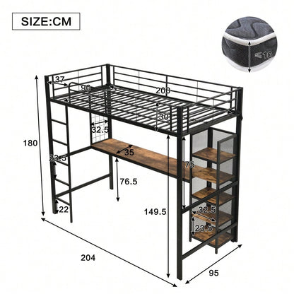 Hochbett, Eisenbett, Eisen + MDF, Mit Tisch und Regalschrank mit mehrfachen Ablageebenen, mit Metallgitter ausgestattet, stabile Geländer und Leiter, Schwarz + dunkle Holzfarbe, 90x200cm