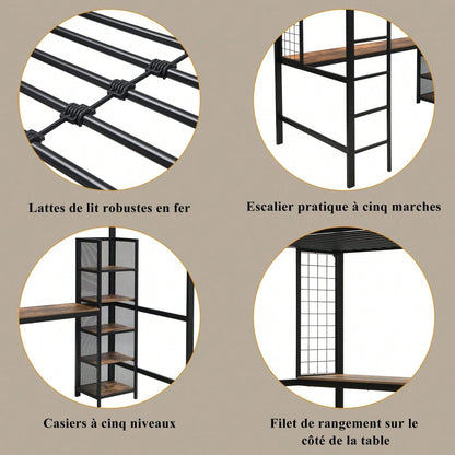 Hochbett, Eisenbett, Eisen + MDF, Mit Tisch und Regalschrank mit mehrfachen Ablageebenen, mit Metallgitter ausgestattet, stabile Geländer und Leiter, Schwarz + dunkle Holzfarbe, 90x200cm