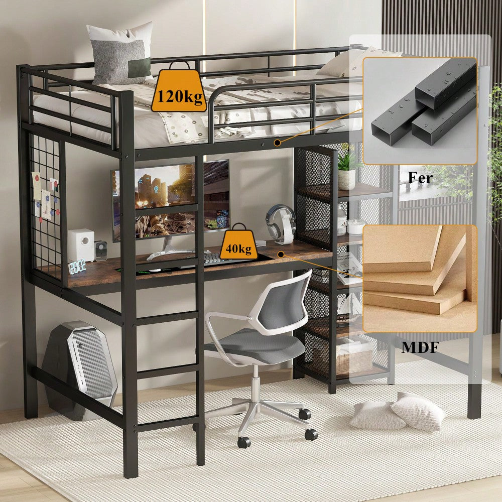 Hochbett, Eisenbett, Eisen + MDF, Mit Tisch und Regalschrank mit mehrfachen Ablageebenen, mit Metallgitter ausgestattet, stabile Geländer und Leiter, Schwarz + dunkle Holzfarbe, 90x200cm