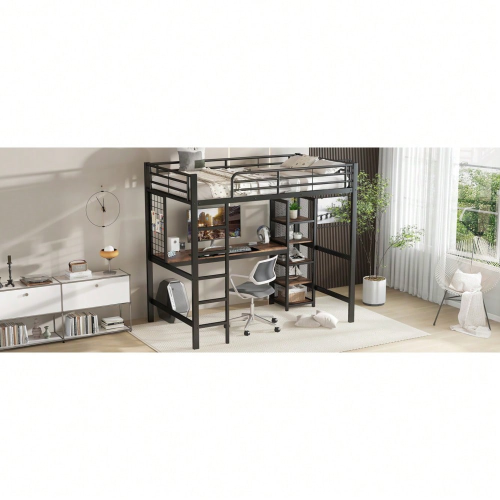Hochbett, Eisenbett, Eisen + MDF, Mit Tisch und Regalschrank mit mehrfachen Ablageebenen, mit Metallgitter ausgestattet, stabile Geländer und Leiter, Schwarz + dunkle Holzfarbe, 90x200cm