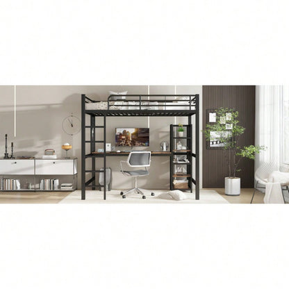 Hochbett, Eisenbett, Eisen + MDF, Mit Tisch und Regalschrank mit mehrfachen Ablageebenen, mit Metallgitter ausgestattet, stabile Geländer und Leiter, Schwarz + dunkle Holzfarbe, 90x200cm