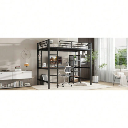 Hochbett, Eisenbett, Eisen + MDF, Mit Tisch und Regalschrank mit mehrfachen Ablageebenen, mit Metallgitter ausgestattet, stabile Geländer und Leiter, Schwarz + dunkle Holzfarbe, 90x200cm