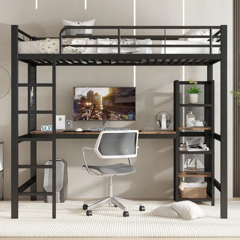 Hochbett, Eisenbett, Eisen + MDF, Mit Tisch und Regalschrank mit mehrfachen Ablageebenen, mit Metallgitter ausgestattet, stabile Geländer und Leiter, Schwarz + dunkle Holzfarbe, 90x200cm