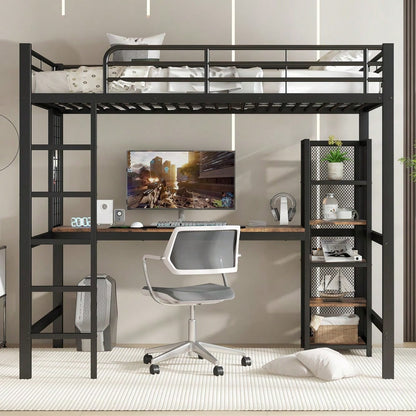 Hochbett, Eisenbett, Eisen + MDF, Mit Tisch und Regalschrank mit mehrfachen Ablageebenen, mit Metallgitter ausgestattet, stabile Geländer und Leiter, Schwarz + dunkle Holzfarbe, 90x200cm