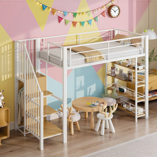 Hochbett 90*200, mit Sicherheitstreppe, Stauraum und kleinem Kleiderschrank, Einlegeböden, hohes Zaundesign, Einzelbett, Jugendbett,Weiß (Alte SKU für LDB00162AAK)