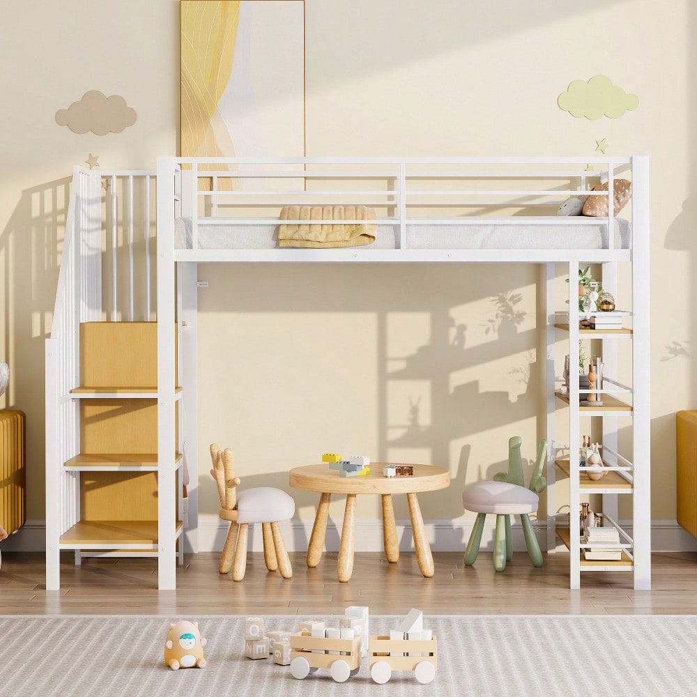 Hochbett 90*200, mit Sicherheitstreppe, Stauraum und kleinem Kleiderschrank, Einlegeböden, hohes Zaundesign, Einzelbett, Jugendbett,Weiß (Alte SKU für LDB00162AAK)