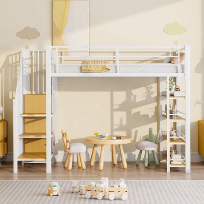 Hochbett 90*200, mit Sicherheitstreppe, Stauraum und kleinem Kleiderschrank, Einlegeböden, hohes Zaundesign, Einzelbett, Jugendbett,Weiß (Alte SKU für LDB00162AAK)