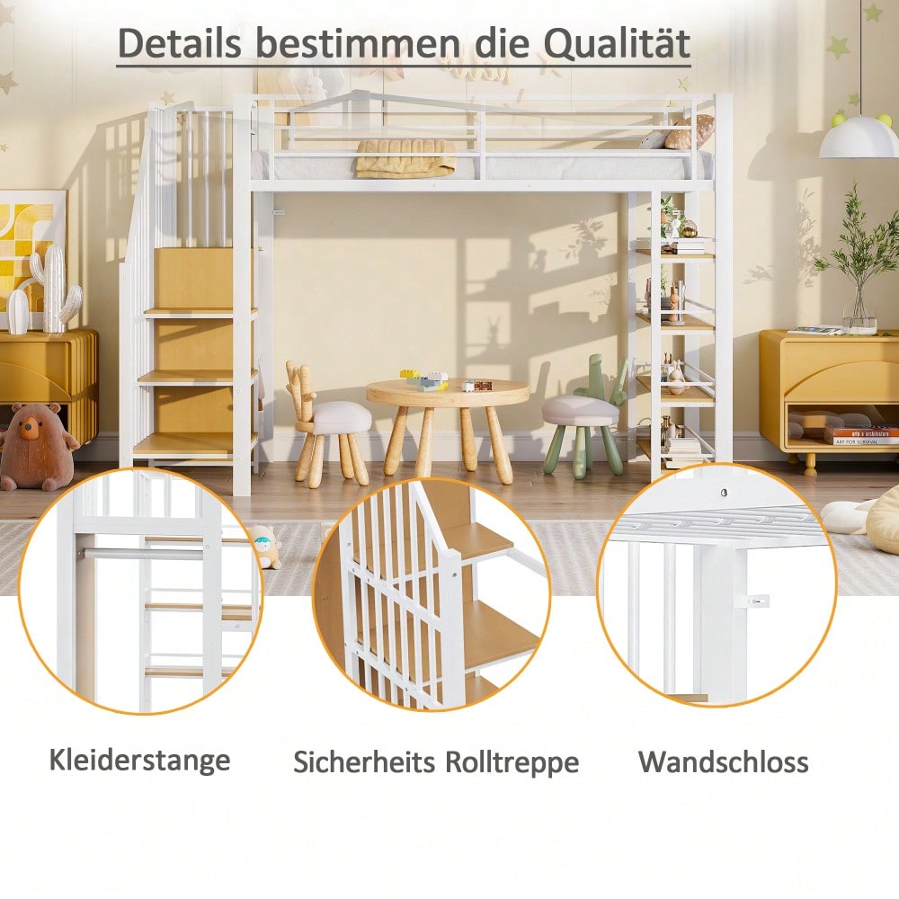 Hochbett 90*200, mit Sicherheitstreppe, Stauraum und kleinem Kleiderschrank, Einlegeböden, hohes Zaundesign, Einzelbett, Jugendbett,Weiß (Alte SKU für LDB00162AAK)