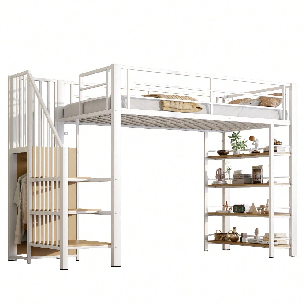 Hochbett 90*200, mit Sicherheitstreppe, Stauraum und kleinem Kleiderschrank, Einlegeböden, hohes Zaundesign, Einzelbett, Jugendbett,Weiß (Alte SKU für LDB00162AAK)