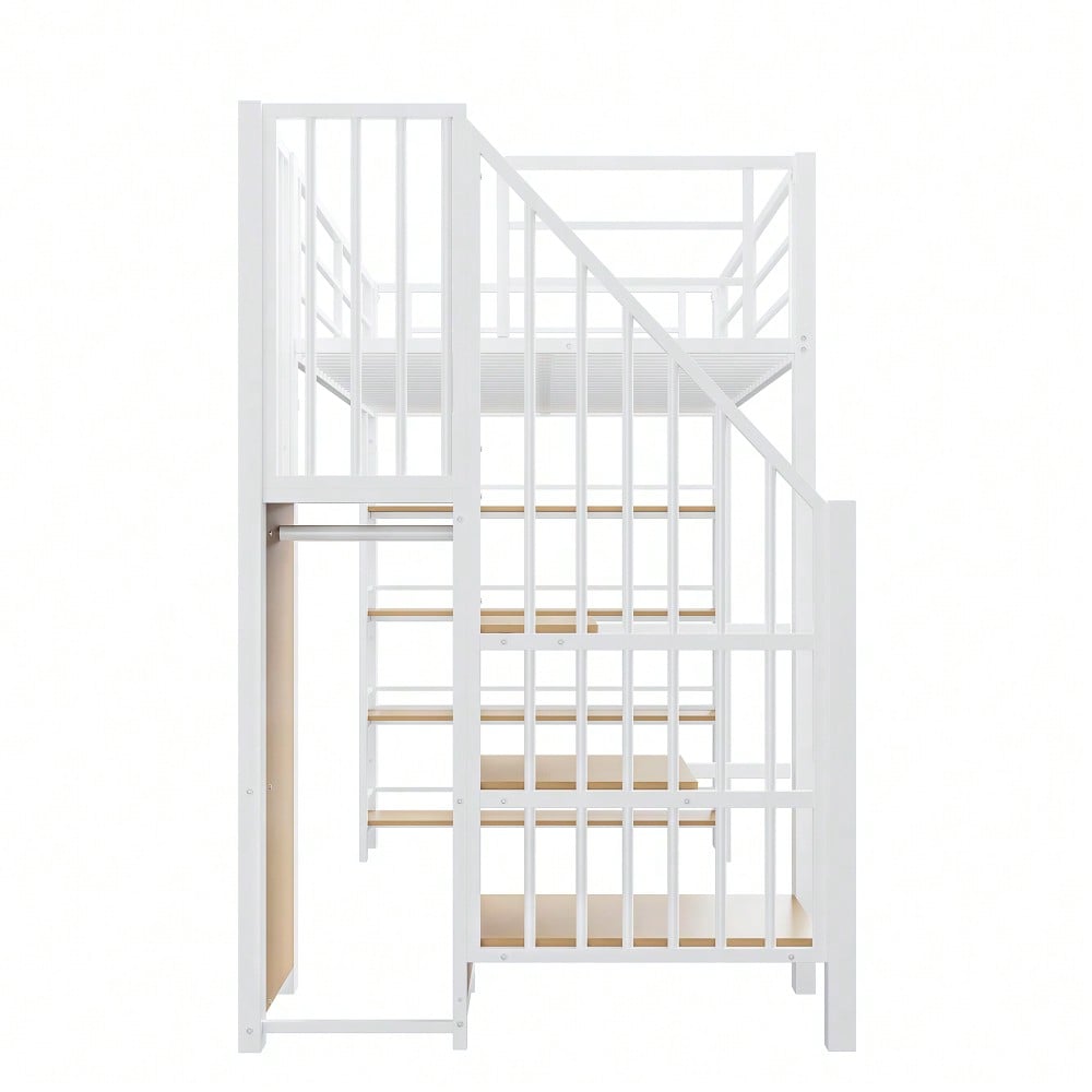 Hochbett 90*200, mit Sicherheitstreppe, Stauraum und kleinem Kleiderschrank, Einlegeböden, hohes Zaundesign, Einzelbett, Jugendbett,Weiß (Alte SKU für LDB00162AAK)