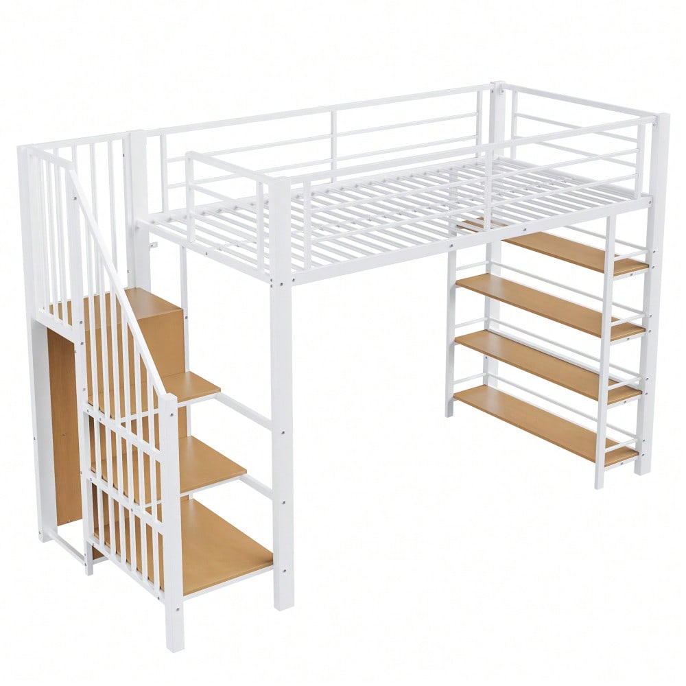 Hochbett 90*200, mit Sicherheitstreppe, Stauraum und kleinem Kleiderschrank, Einlegeböden, hohes Zaundesign, Einzelbett, Jugendbett,Weiß (Alte SKU für LDB00162AAK)