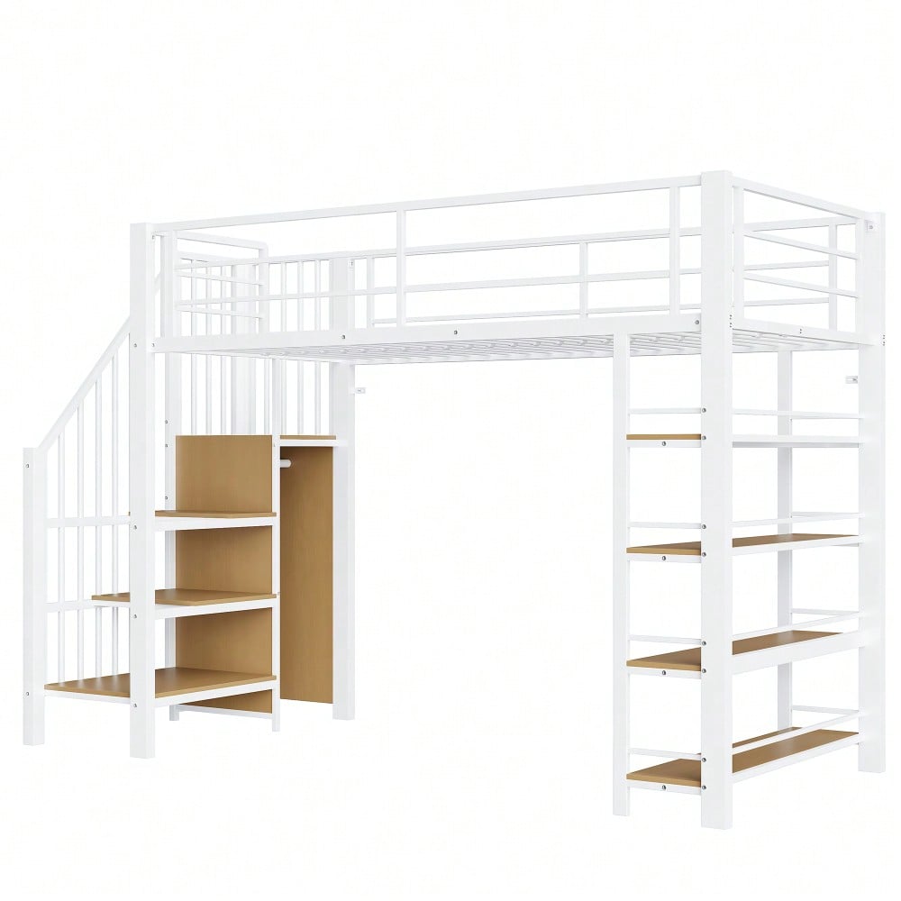 Hochbett 90*200, mit Sicherheitstreppe, Stauraum und kleinem Kleiderschrank, Einlegeböden, hohes Zaundesign, Einzelbett, Jugendbett,Weiß (Alte SKU für LDB00162AAK)