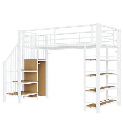 Hochbett 90*200, mit Sicherheitstreppe, Stauraum und kleinem Kleiderschrank, Einlegeböden, hohes Zaundesign, Einzelbett, Jugendbett,Weiß (Alte SKU für LDB00162AAK)