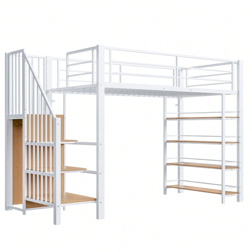 Hochbett 90*200, mit Sicherheitstreppe, Stauraum und kleinem Kleiderschrank, Einlegeböden, hohes Zaundesign, Einzelbett, Jugendbett,Weiß (Alte SKU für LDB00162AAK)