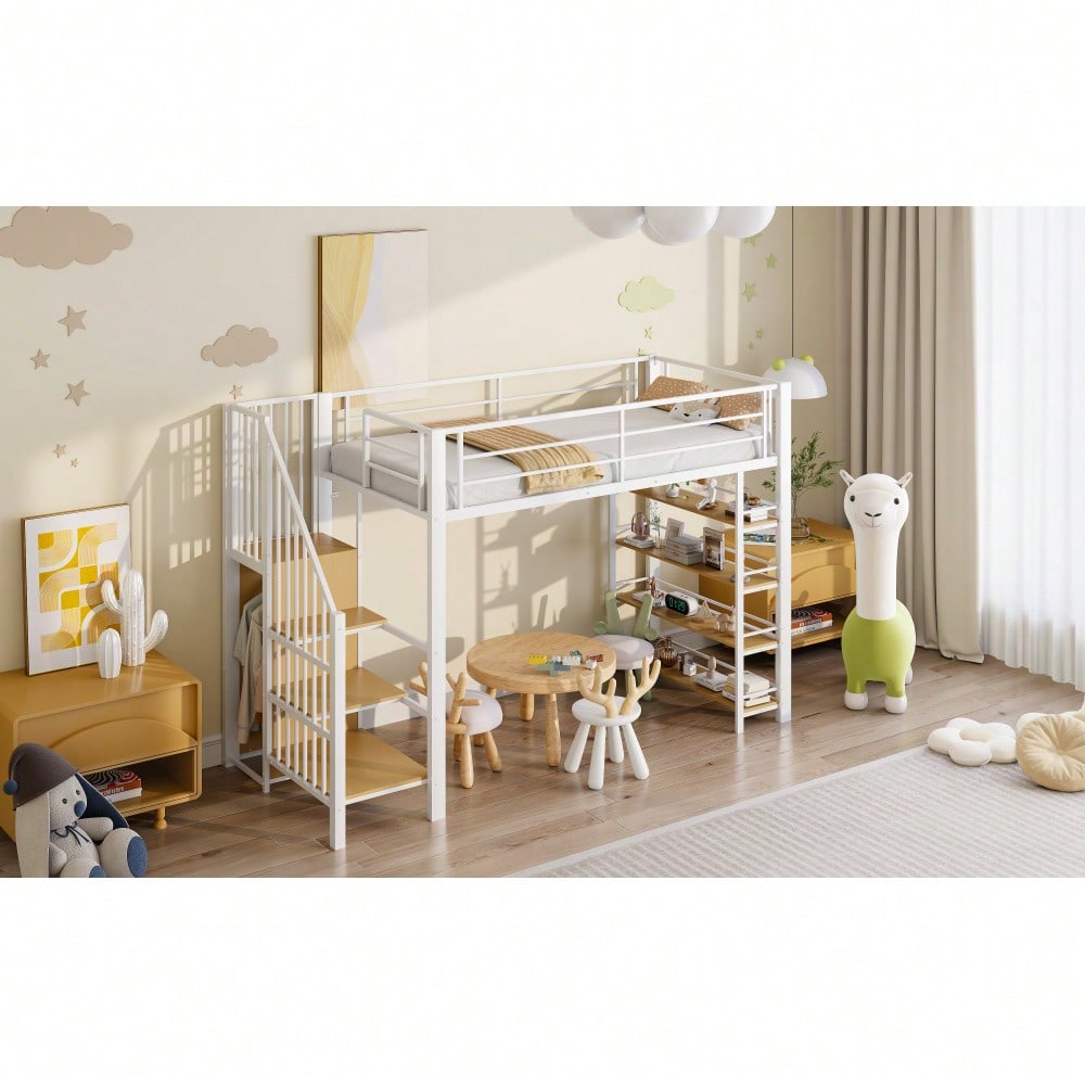 Hochbett 90*200, mit Sicherheitstreppe, Stauraum und kleinem Kleiderschrank, Einlegeböden, hohes Zaundesign, Einzelbett, Jugendbett,Weiß (Alte SKU für LDB00162AAK)