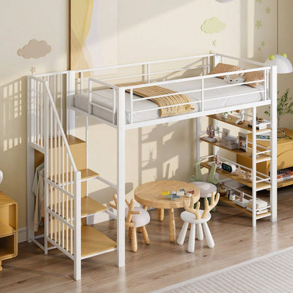 Hochbett 90*200, mit Sicherheitstreppe, Stauraum und kleinem Kleiderschrank, Einlegeböden, hohes Zaundesign, Einzelbett, Jugendbett,Weiß (Alte SKU für LDB00162AAK)
