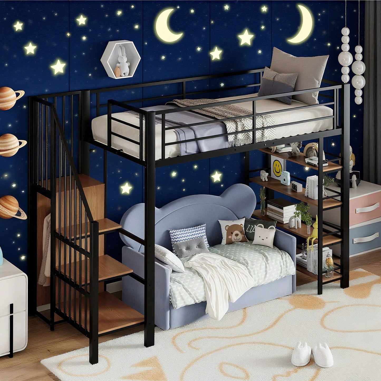 Hochbett 90*200, mit Sicherheitstreppe, Stauraum und kleinem Kleiderschrank, Einlegeböden, hohes Zaundesign, Einzelbett, Jugendbett, schwarz (Alte SKU für LDB00162AAB)
