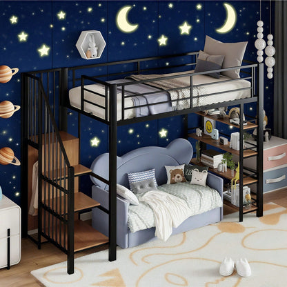 Hochbett 90*200, mit Sicherheitstreppe, Stauraum und kleinem Kleiderschrank, Einlegeböden, hohes Zaundesign, Einzelbett, Jugendbett, schwarz (Alte SKU für LDB00162AAB)