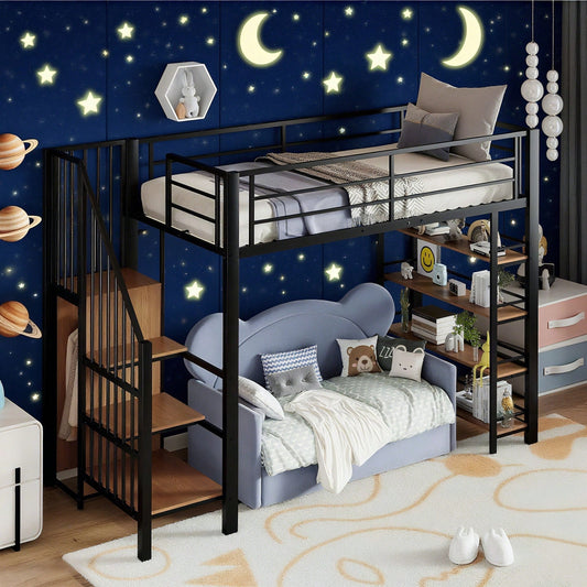 Hochbett 90*200, mit Sicherheitstreppe, Stauraum und kleinem Kleiderschrank, Einlegeböden, hohes Zaundesign, Einzelbett, Jugendbett, schwarz (Alte SKU für LDB00162AAB)