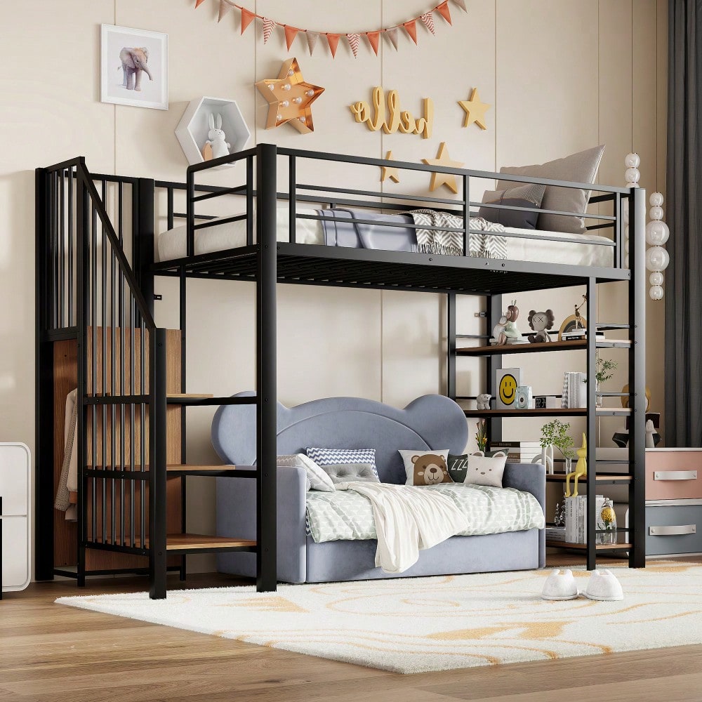 Hochbett 90*200, mit Sicherheitstreppe, Stauraum und kleinem Kleiderschrank, Einlegeböden, hohes Zaundesign, Einzelbett, Jugendbett, schwarz (Alte SKU für LDB00162AAB)