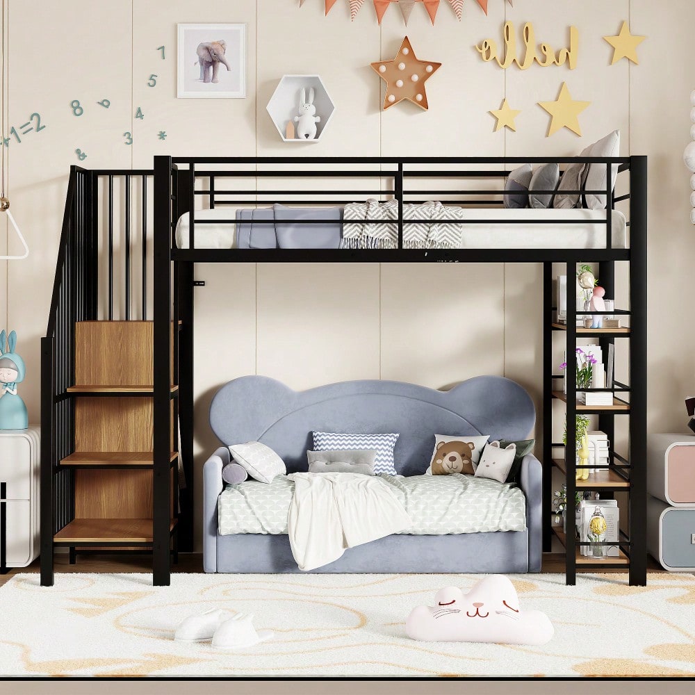 Hochbett 90*200, mit Sicherheitstreppe, Stauraum und kleinem Kleiderschrank, Einlegeböden, hohes Zaundesign, Einzelbett, Jugendbett, schwarz (Alte SKU für LDB00162AAB)