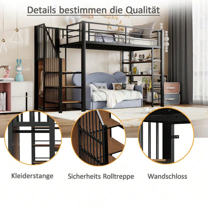 Hochbett 90*200, mit Sicherheitstreppe, Stauraum und kleinem Kleiderschrank, Einlegeböden, hohes Zaundesign, Einzelbett, Jugendbett, schwarz (Alte SKU für LDB00162AAB)