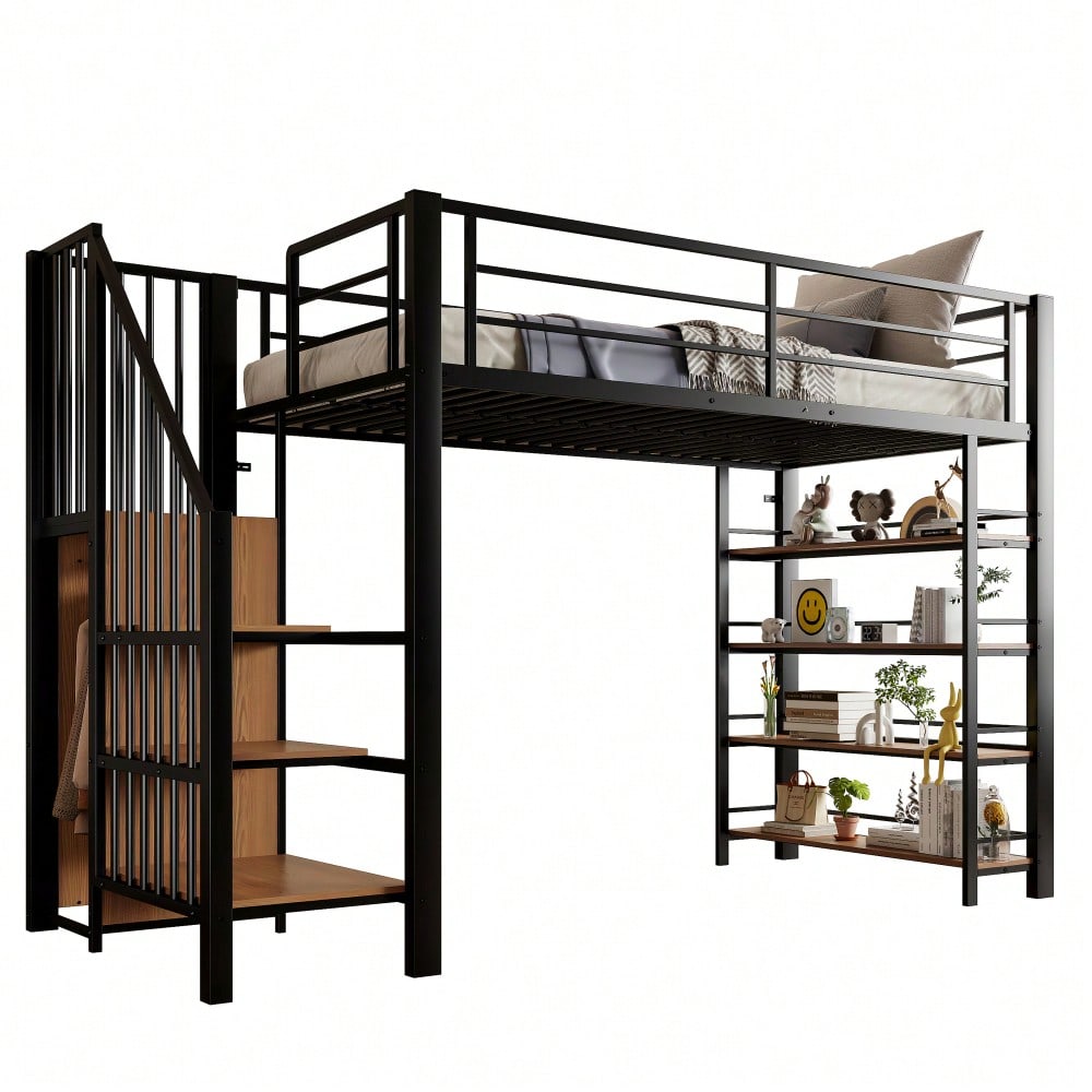 Hochbett 90*200, mit Sicherheitstreppe, Stauraum und kleinem Kleiderschrank, Einlegeböden, hohes Zaundesign, Einzelbett, Jugendbett, schwarz (Alte SKU für LDB00162AAB)