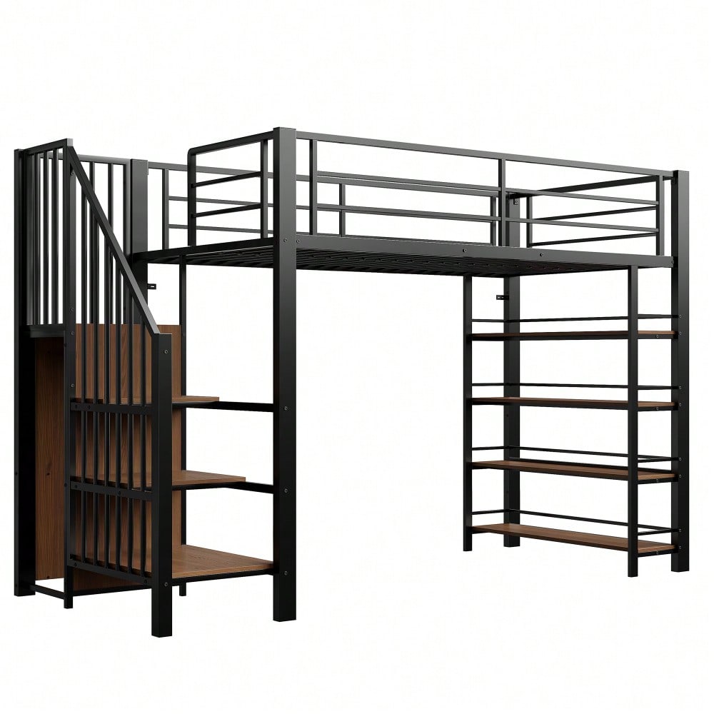 Hochbett 90*200, mit Sicherheitstreppe, Stauraum und kleinem Kleiderschrank, Einlegeböden, hohes Zaundesign, Einzelbett, Jugendbett, schwarz (Alte SKU für LDB00162AAB)