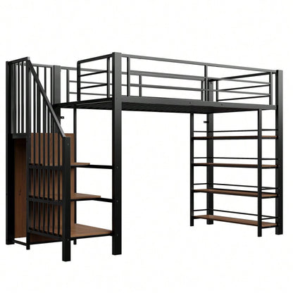 Hochbett 90*200, mit Sicherheitstreppe, Stauraum und kleinem Kleiderschrank, Einlegeböden, hohes Zaundesign, Einzelbett, Jugendbett, schwarz (Alte SKU für LDB00162AAB)