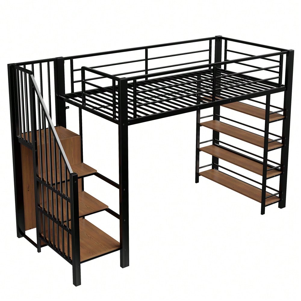 Hochbett 90*200, mit Sicherheitstreppe, Stauraum und kleinem Kleiderschrank, Einlegeböden, hohes Zaundesign, Einzelbett, Jugendbett, schwarz (Alte SKU für LDB00162AAB)