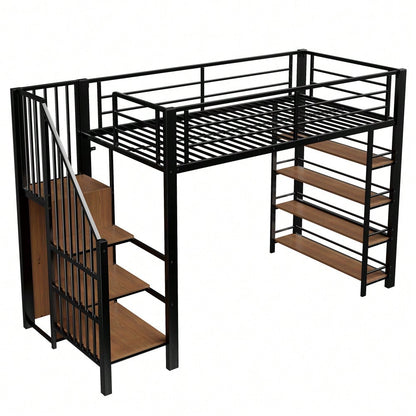 Hochbett 90*200, mit Sicherheitstreppe, Stauraum und kleinem Kleiderschrank, Einlegeböden, hohes Zaundesign, Einzelbett, Jugendbett, schwarz (Alte SKU für LDB00162AAB)