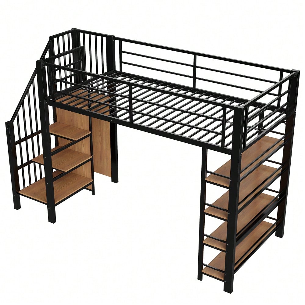 Hochbett 90*200, mit Sicherheitstreppe, Stauraum und kleinem Kleiderschrank, Einlegeböden, hohes Zaundesign, Einzelbett, Jugendbett, schwarz (Alte SKU für LDB00162AAB)