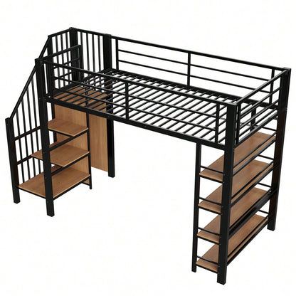 Hochbett 90*200, mit Sicherheitstreppe, Stauraum und kleinem Kleiderschrank, Einlegeböden, hohes Zaundesign, Einzelbett, Jugendbett, schwarz (Alte SKU für LDB00162AAB)