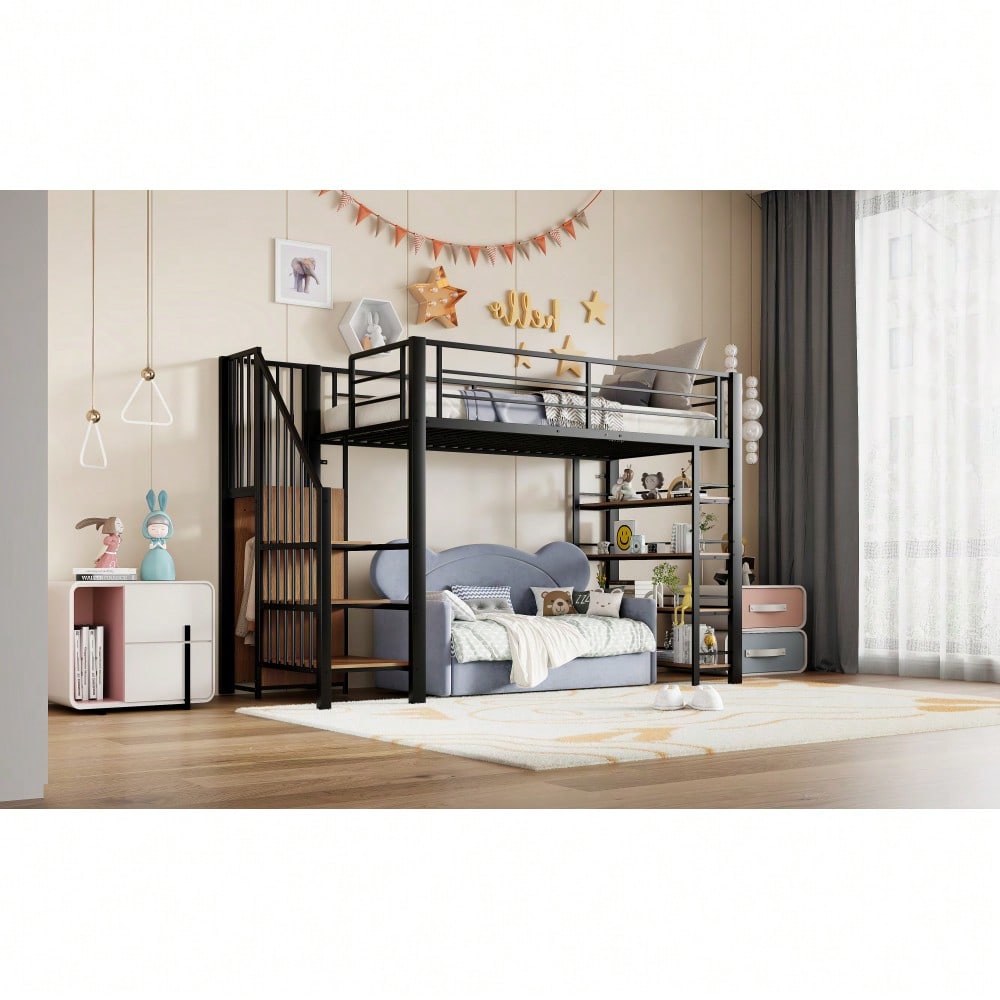 Hochbett 90*200, mit Sicherheitstreppe, Stauraum und kleinem Kleiderschrank, Einlegeböden, hohes Zaundesign, Einzelbett, Jugendbett, schwarz (Alte SKU für LDB00162AAB)
