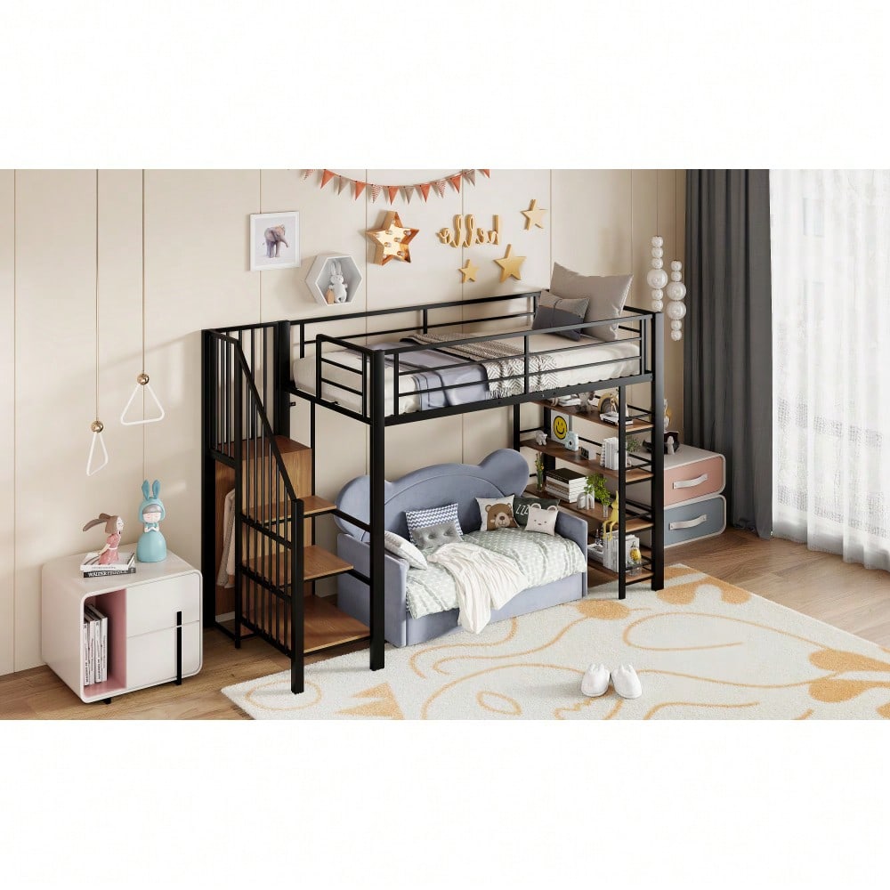 Hochbett 90*200, mit Sicherheitstreppe, Stauraum und kleinem Kleiderschrank, Einlegeböden, hohes Zaundesign, Einzelbett, Jugendbett, schwarz (Alte SKU für LDB00162AAB)