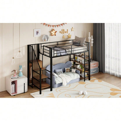 Hochbett 90*200, mit Sicherheitstreppe, Stauraum und kleinem Kleiderschrank, Einlegeböden, hohes Zaundesign, Einzelbett, Jugendbett, schwarz (Alte SKU für LDB00162AAB)