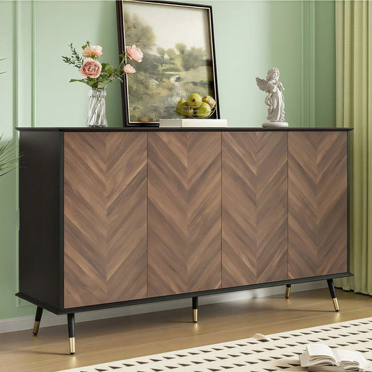 Modernes Sideboard mit Fischgrätmuster – Buffet Schrank mit 4 Türen & höhenverstellbaren Regalen – MDF Holz & Metallfüße – Stauraum für Wohnzimmer, Flur & Esszimmer