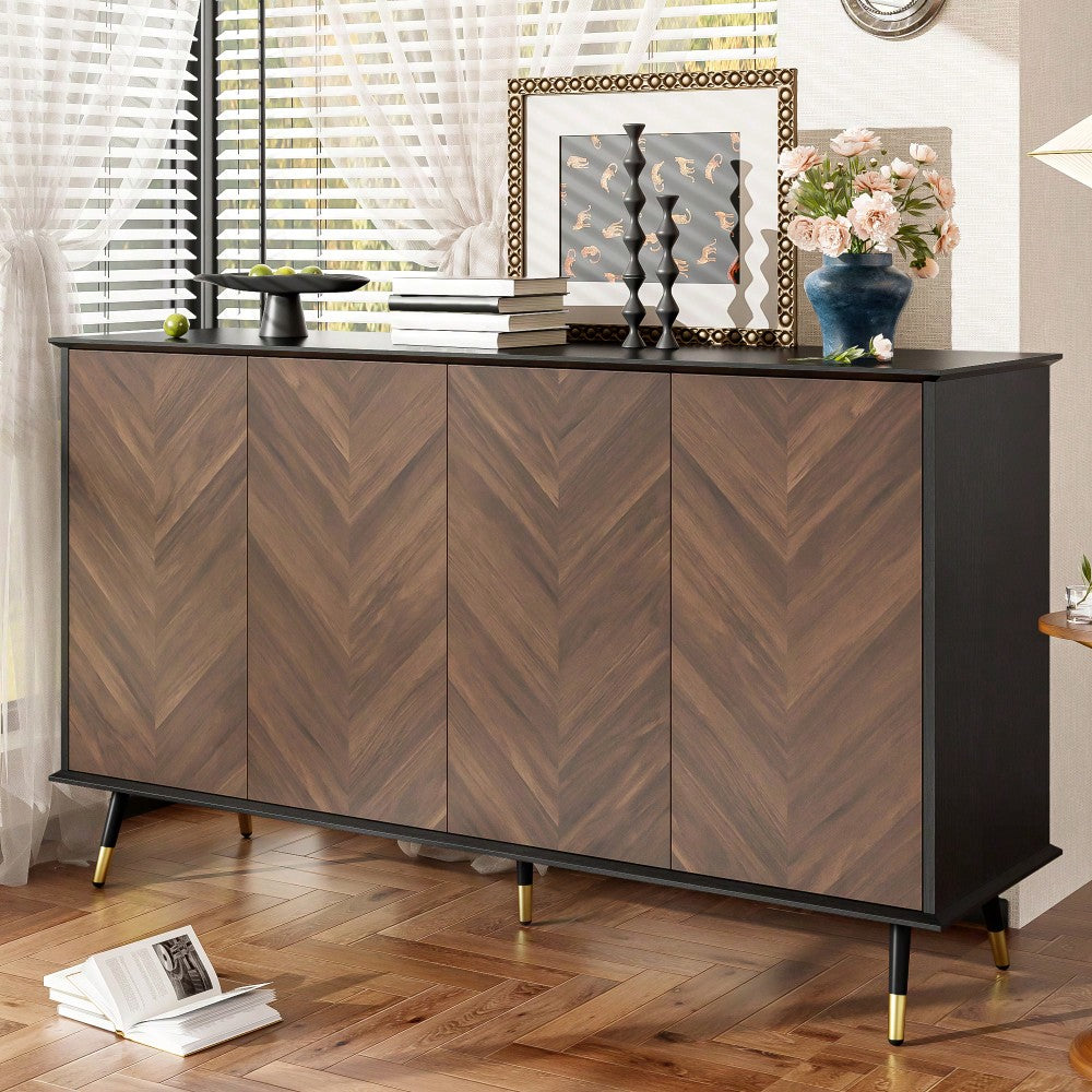 Modernes Sideboard mit Fischgrätmuster – Buffet Schrank mit 4 Türen & höhenverstellbaren Regalen – MDF Holz & Metallfüße – Stauraum für Wohnzimmer, Flur & Esszimmer