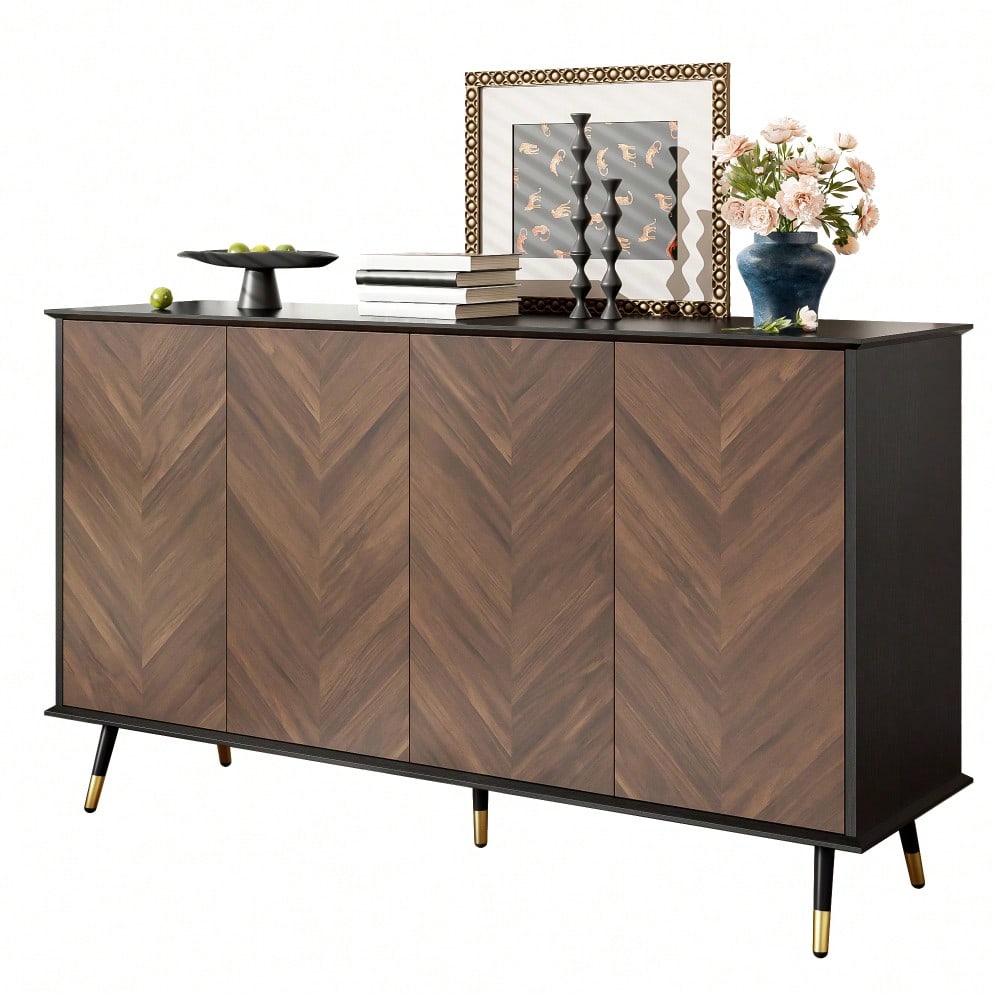 Modernes Sideboard mit Fischgrätmuster – Buffet Schrank mit 4 Türen & höhenverstellbaren Regalen – MDF Holz & Metallfüße – Stauraum für Wohnzimmer, Flur & Esszimmer