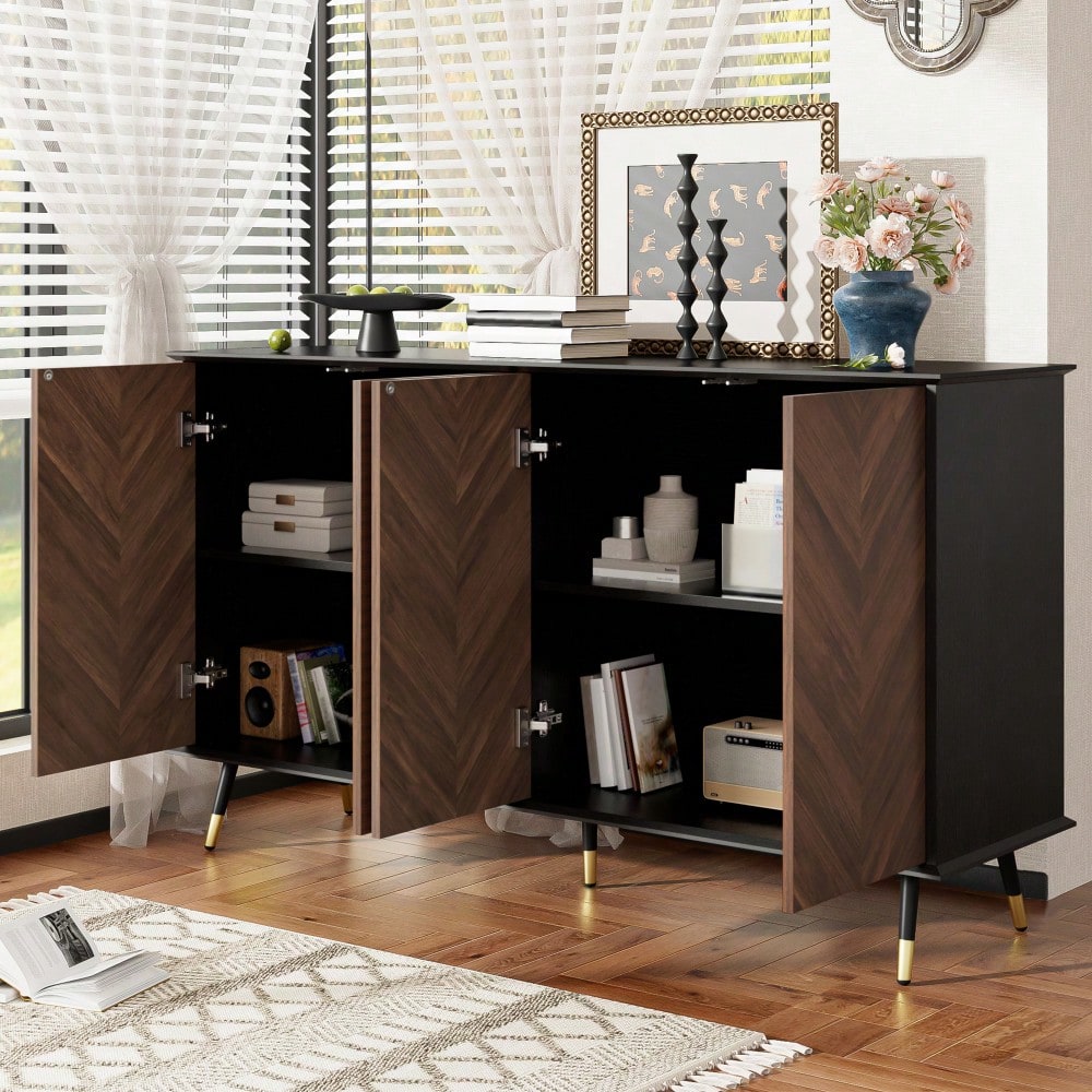 Modernes Sideboard mit Fischgrätmuster – Buffet Schrank mit 4 Türen & höhenverstellbaren Regalen – MDF Holz & Metallfüße – Stauraum für Wohnzimmer, Flur & Esszimmer