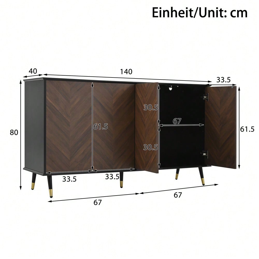 Modernes Sideboard mit Fischgrätmuster – Buffet Schrank mit 4 Türen & höhenverstellbaren Regalen – MDF Holz & Metallfüße – Stauraum für Wohnzimmer, Flur & Esszimmer