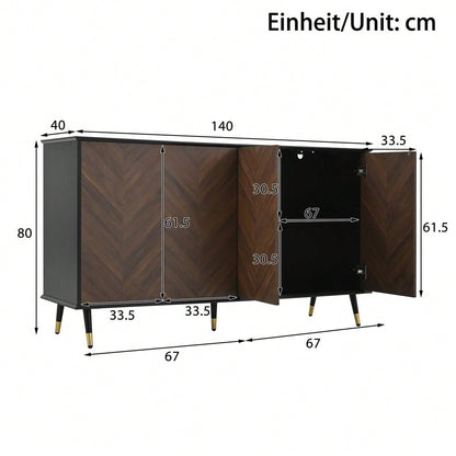 Modernes Sideboard mit Fischgrätmuster – Buffet Schrank mit 4 Türen & höhenverstellbaren Regalen – MDF Holz & Metallfüße – Stauraum für Wohnzimmer, Flur & Esszimmer