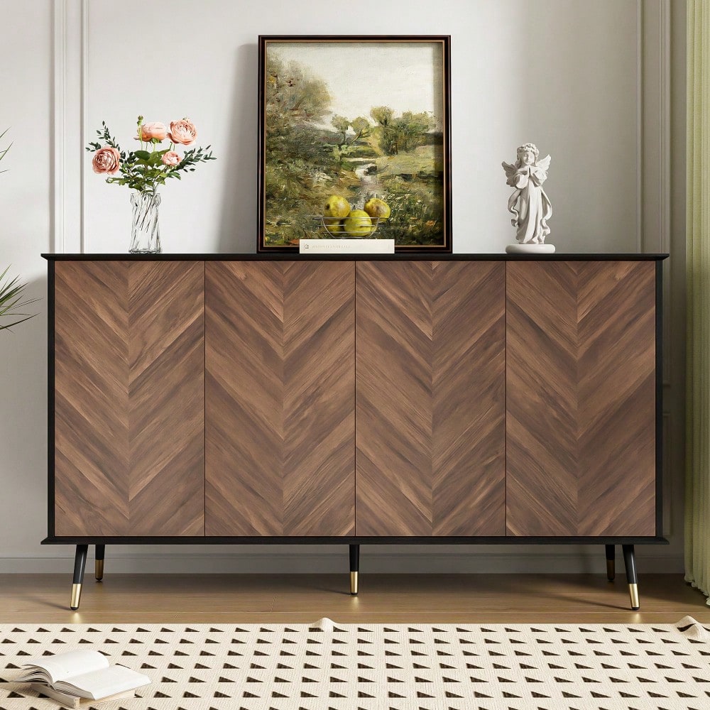 Modernes Sideboard mit Fischgrätmuster – Buffet Schrank mit 4 Türen & höhenverstellbaren Regalen – MDF Holz & Metallfüße – Stauraum für Wohnzimmer, Flur & Esszimmer