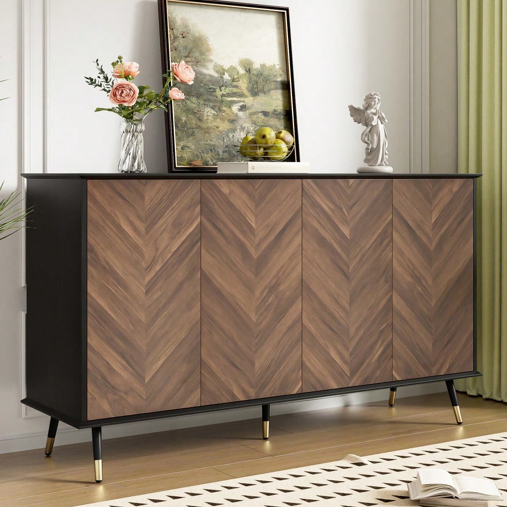 Modernes Sideboard mit Fischgrätmuster – Buffet Schrank mit 4 Türen & höhenverstellbaren Regalen – MDF Holz & Metallfüße – Stauraum für Wohnzimmer, Flur & Esszimmer