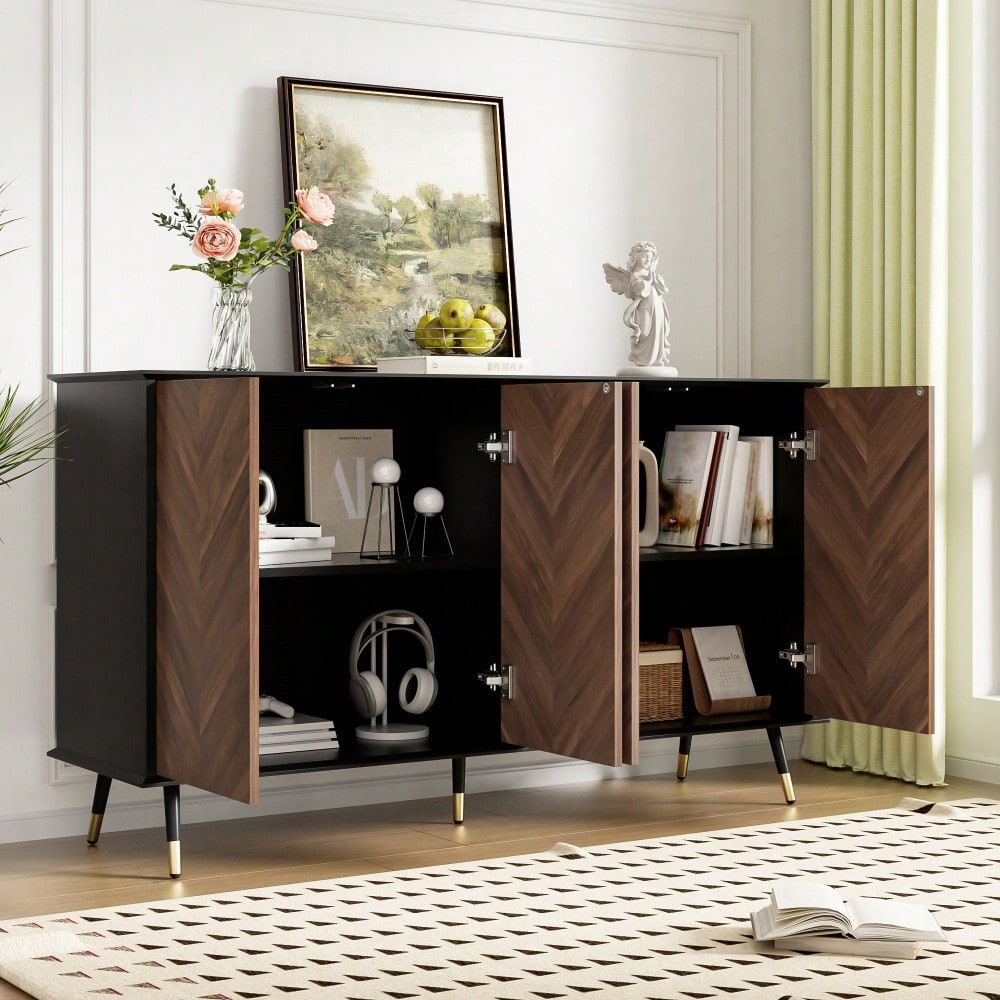 Modernes Sideboard mit Fischgrätmuster – Buffet Schrank mit 4 Türen & höhenverstellbaren Regalen – MDF Holz & Metallfüße – Stauraum für Wohnzimmer, Flur & Esszimmer
